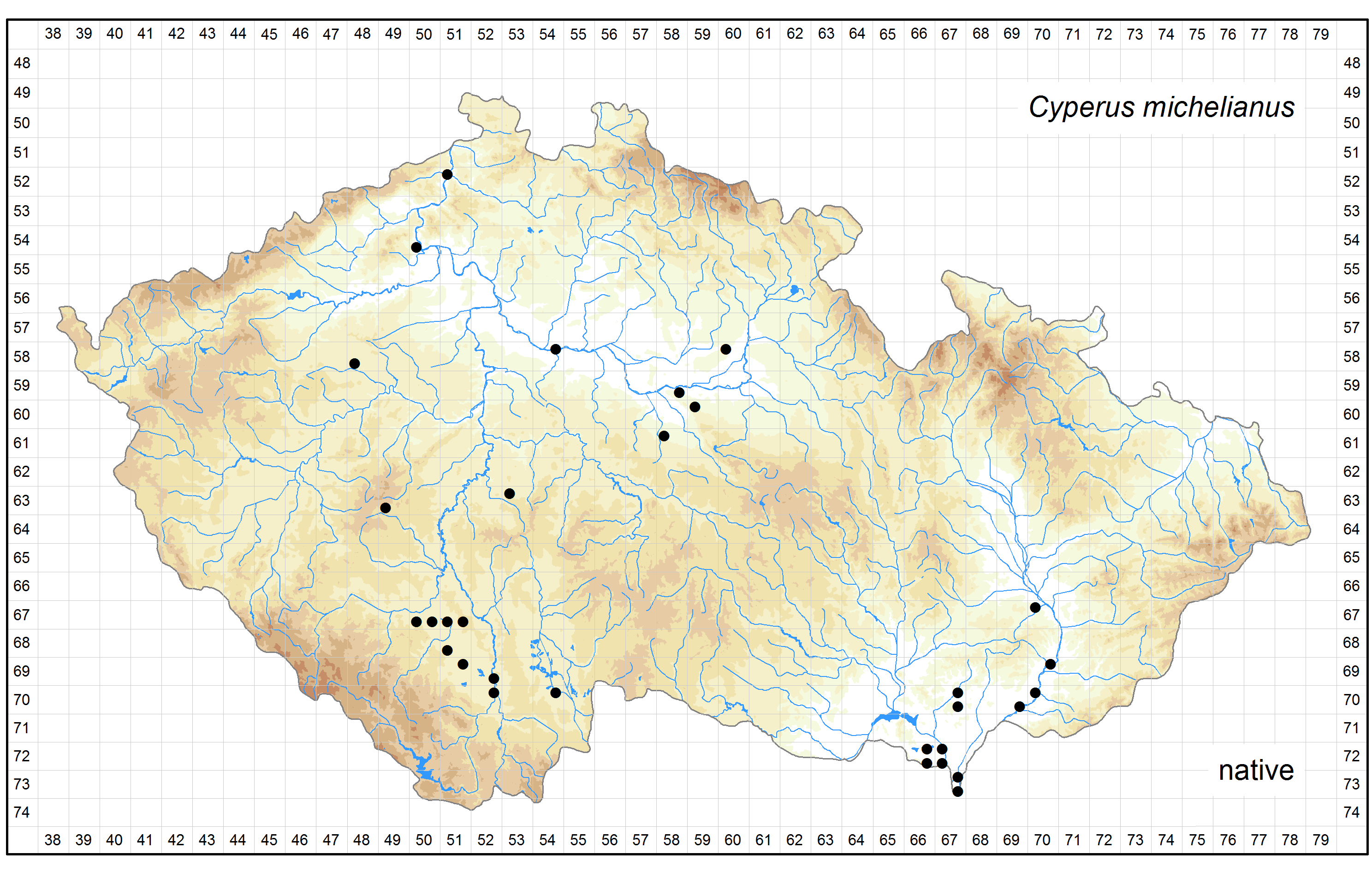 Distribution of Cyperus michelianus in the Czech Republic Author of the map: Pavel Dřevojan, Kateřina Šumberová Map produced on: 14-05-2016 Database records used for producing the distribution map of