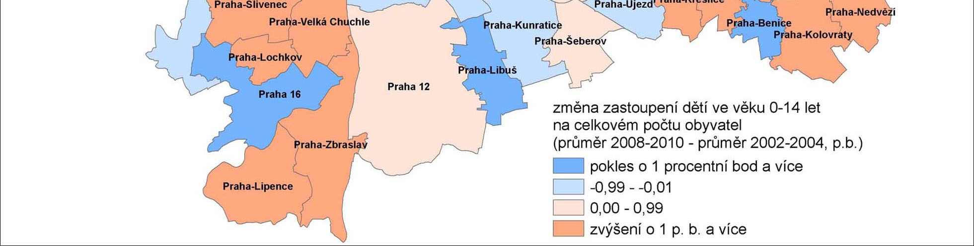 Kartogram 1.1 Změna podílu dětí ve věku -14 let v městských částech Prahy v letech 2-1 Osob ve věku 15-29 let je 19 % celkového počtu s mírnou tendencí k poklesu.