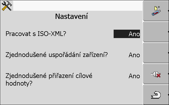 Zpracování zakázek ISOBUS-TC Konfigurace uspořádání zařízení 9 Zobrazí se následující obrazovka: 2. - Označte řádek Pracovat s ISO-XML?. Při každém kliknutí se režim změní. 3.