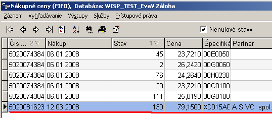 Zadám tovar, ktorý reklamujem, alebo nedodaný a zastavím sa na množstve: Pri množstve vidím žltú obálku, čo značí, že je tam číselník na výber, v tomto prípade jednotlivých FIFO riadkov.