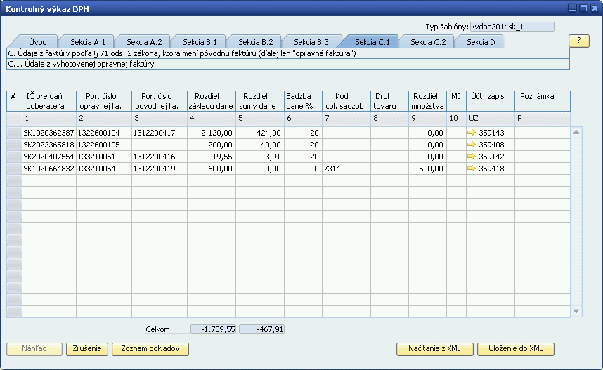 Po kliknutí naň sa zobrazí formulár KONTROLNÝ VÝKAZ DPH. Sekcie sú rozdelené v samostatných záložkách, každá obsahuje tabuľku s jednotlivými dokladmi (resp.