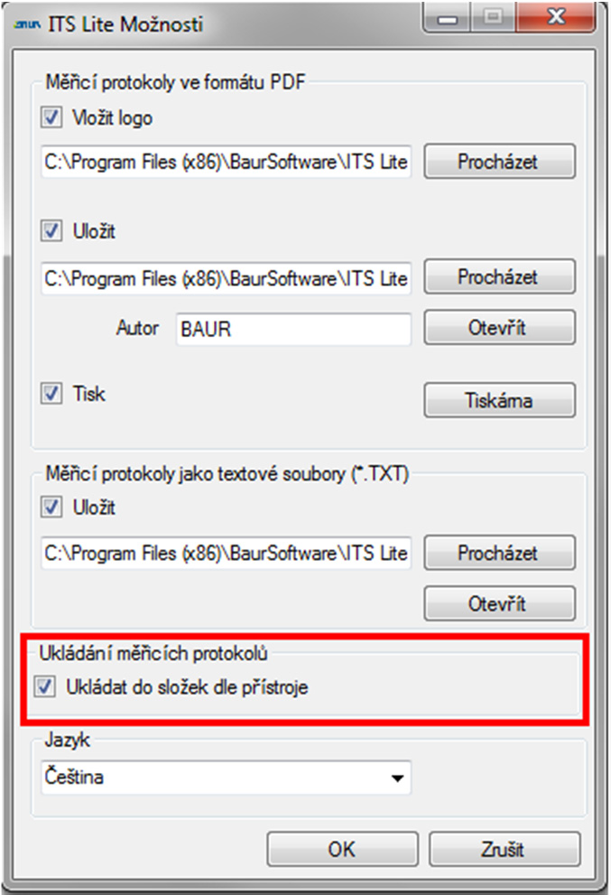ITS Lite Nastavení možností ukládání a tisku 6.