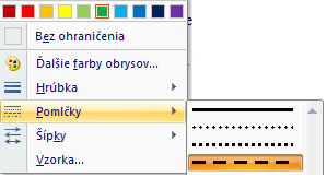 Farbu čiary (vyznačenej) zmeníme cez Formát / Obrys tvaru. Klikneme na Formát a potom na Obrys tvaru. V roletke klikneme na zvolenú farbu, Hrúbku čiary Znova klikneme na Obrys tvaru.