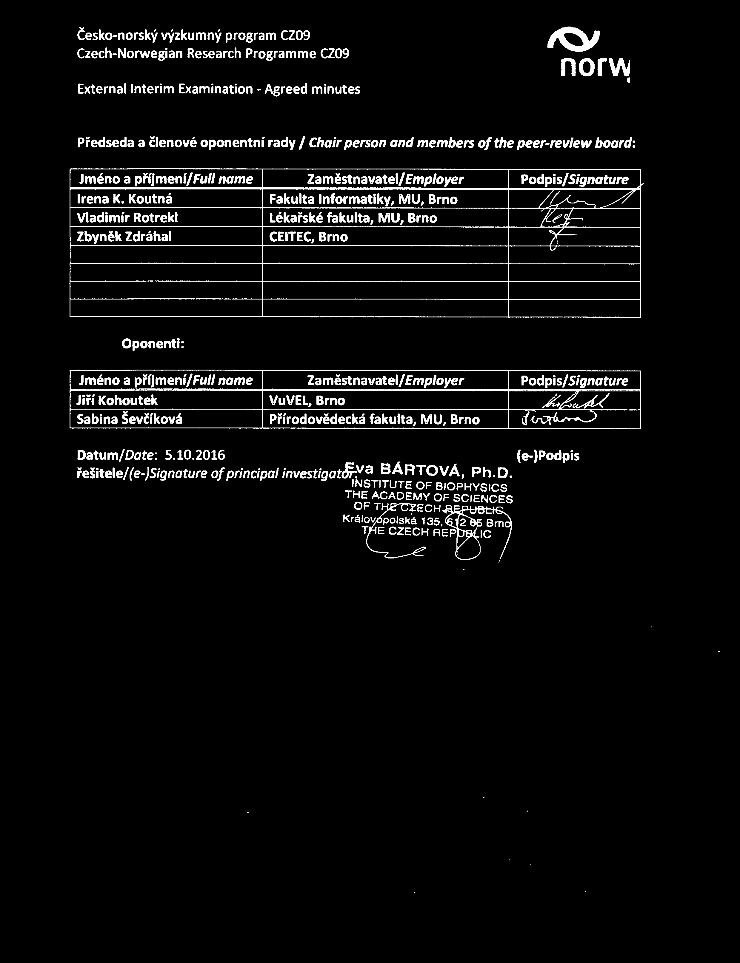 External lnterim Examination - Agreed minutes IQ/ norw Předseda a členové oponentní rady I Chair person and members o/ the peer-review board: Jméno a příjmení/fu// name Zaměstnavatel/ Employer