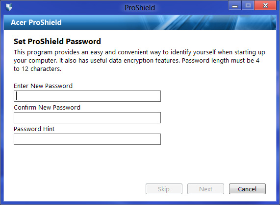 Acer ProShield - 41 Budete požádáni o nastavení hesla a můžete si vytvořit osobní zabezpečený disk. Poznámka Vyberte si heslo, které si zapamatujete, ale které je nesnadné odhadnout.
