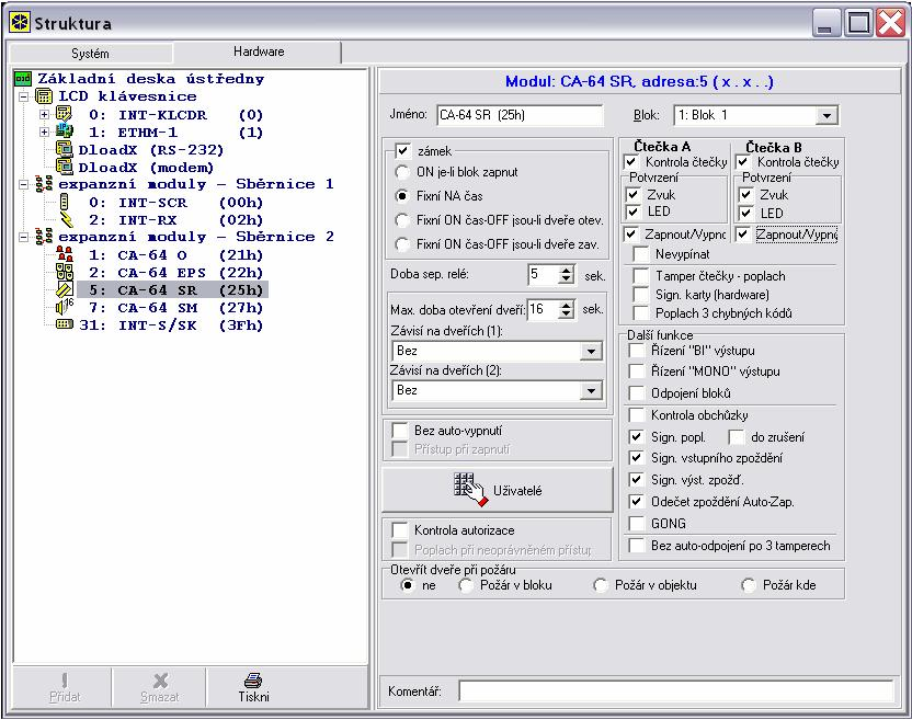 6 SATEL CA-64SR Obr. 4. Okno programu DLOADX s nastavením voleb expandéru pro bezkontaktní čtečky karet. Doba zap. relé doba po kterou je aktivováno relé.