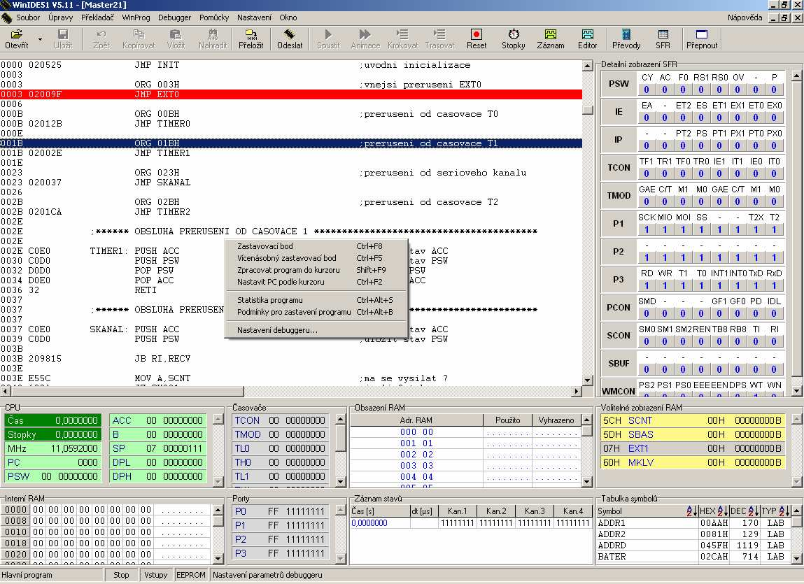 WinIDE51- debugger 5 Debugger 5.1 Popis oken debuggeru Hlavní okno debuggeru se skládá z následujících částí: 5.1.1 Výpis po překladu V levém horním rohu debuggeru se nachází okno, ve kterém se po překladu zobrazí zdrojový text programu, včetně strojového kódu a adres jednotlivých instrukcí.