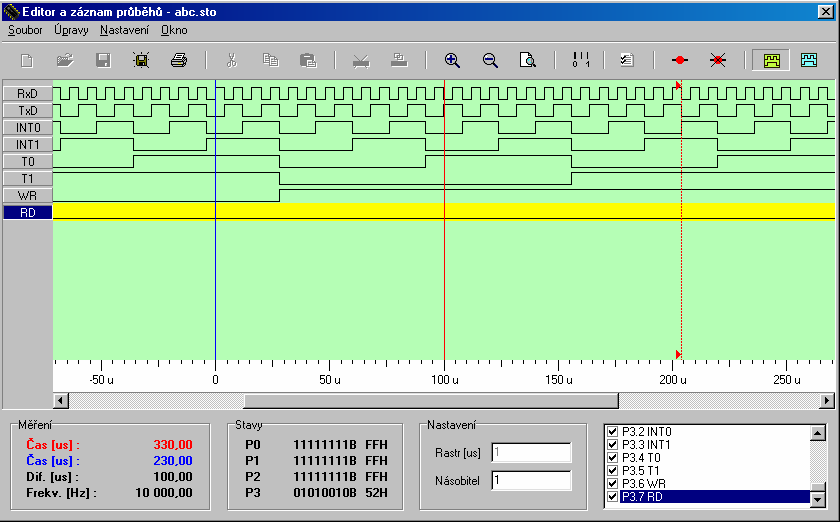 WinIDE51- debugger 5.5.1 Záznam průběhů Zobrazuje průběhy na zvolených bitech během vykonávání programu. Je možné zobrazit 16 bitů současně.