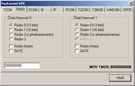 WinIDE51 - desktop 2.3.5 Menu Pomůcky Nastavení SFR Ctrl+N slouží pro rychlé a přehledné nastavení libovolného SFR, umožňuje hodnotu přímo vložit do editoru.