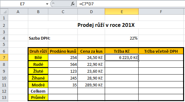 RELATIVNÍ A ABSOLUTNÍ ODKAZ Relativní odkaz kopírování vzorce do jiné buňky. př. Tabulku s danými údaji (mimo hodnotu v buňce E7) přepište do Excelu.