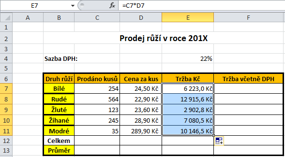 Rychlejší postup klikneme do pravého dolního rohu požadované buňky -> objeví se malý