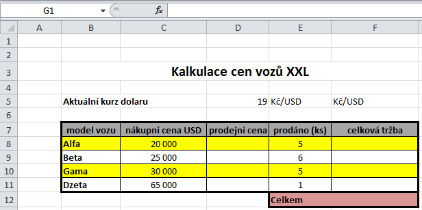 Př. Vytvořte následující tabulku (včetně formátování). Vypočtěte hodnoty ve sloupcích D a F.