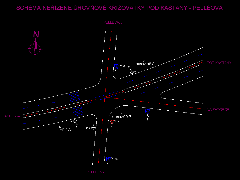 Geometrie křižovatky (současný stav): Hlavním problémem zobrazeného křížení je dopravní proud, který přijíždí od železničního přejezdu po ulici Pelléova (zespodu sekce 5).