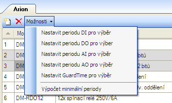 Každému rozšiřujícímu modulu odpovídá jeden řádek tabulky Arion. Moduly lze smazat klávesou Delete, pomocí tlačítka nebo z kontextového menu. Obr.