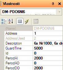 Obr. 13 - Okno vlastností pro modul DM-PDO6NI6 Význam parametrů modulů ARION je následující: Bez popisu (v okně vlastností neuveden) pořadí modulu v tabulce.