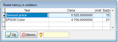 Odděl částku podle rozpisu faktury Odděl částku podle rozpisu faktury Klávesa Ctrl+O Z řádku peněžního deníku, který je úhradou faktury, je možné oddělit částku podle rozpisu faktury.