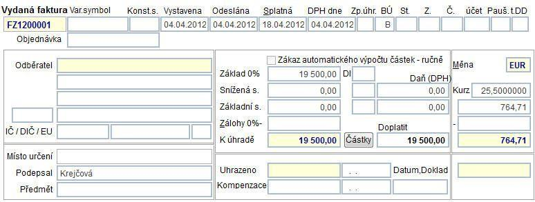 Vydaná faktura v cizí měně Zahraniční faktury se vystavují v cizí měně vypočítané z prodejní ceny z ceníku v určeném kurzu. Částky na faktuře se v zadaném kurzu přepočítávají do cizí měny.