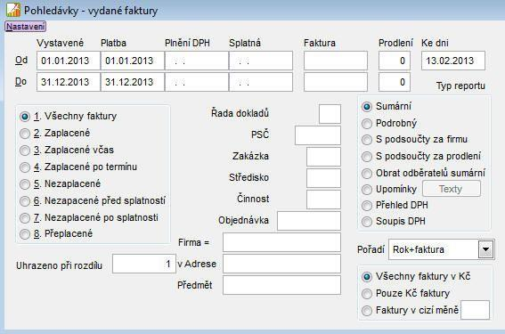 Pohledávky Pohledávky Tisk knihy vydaných faktur Podmínky pro výběr: Vystavené od do - datum vystavení, pouze faktury, které mají v zadaném intervalu datum vystavení.