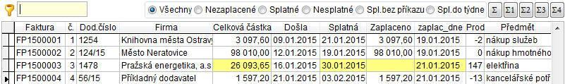 Seznam Seznam Po spuštění agendy Přijaté faktury je zobrazena záložka Seznam. Přehledná tabulka faktur slouží k vyhledávání dokladů. ALT+S.