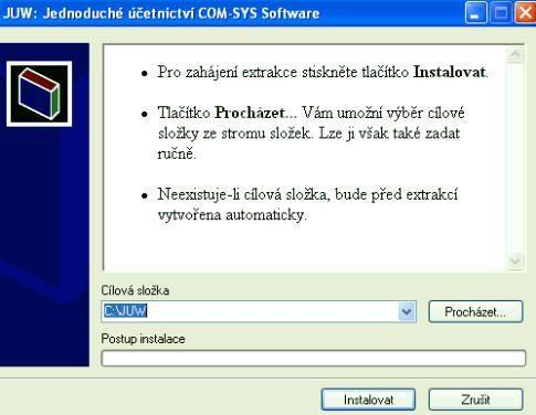 Instalace programu Program při instalaci nové verze nesmí mít žádný uživatel otevřený ani na jiném počítači. Vybereme soubor z CD. Tlačítko nainstaluje program standardně do složky C: JUW.