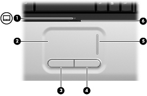 1 Používanie ukazovacích zariadení Súčasť Popis (1) Indikátor zariadenia TouchPad Biela farba: Zariadenie TouchPad je zapnuté. Žltá farba: Zariadenie TouchPad je vypnuté.