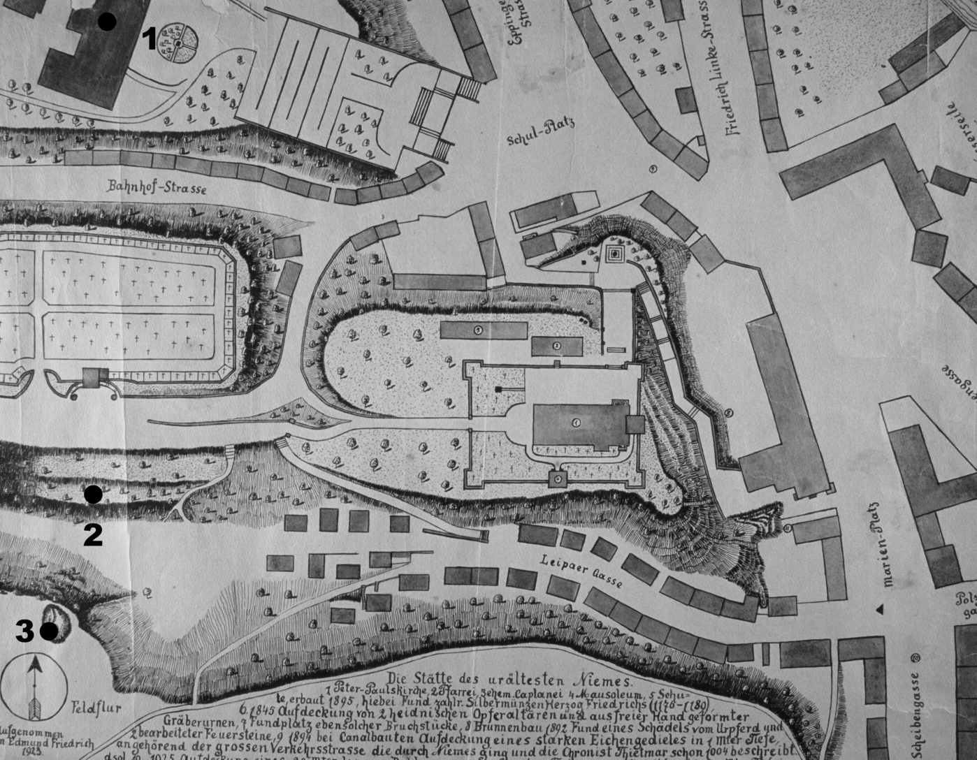 kostelní vrch v mimoni od raného středověku do novověku 381 Obr. 2. Mimoň na mapě stabilního katastru Obr. 3. Archeologická mapa Kostelního vrchu s okolím od Edmunda Friedricha z let 1923 1925.