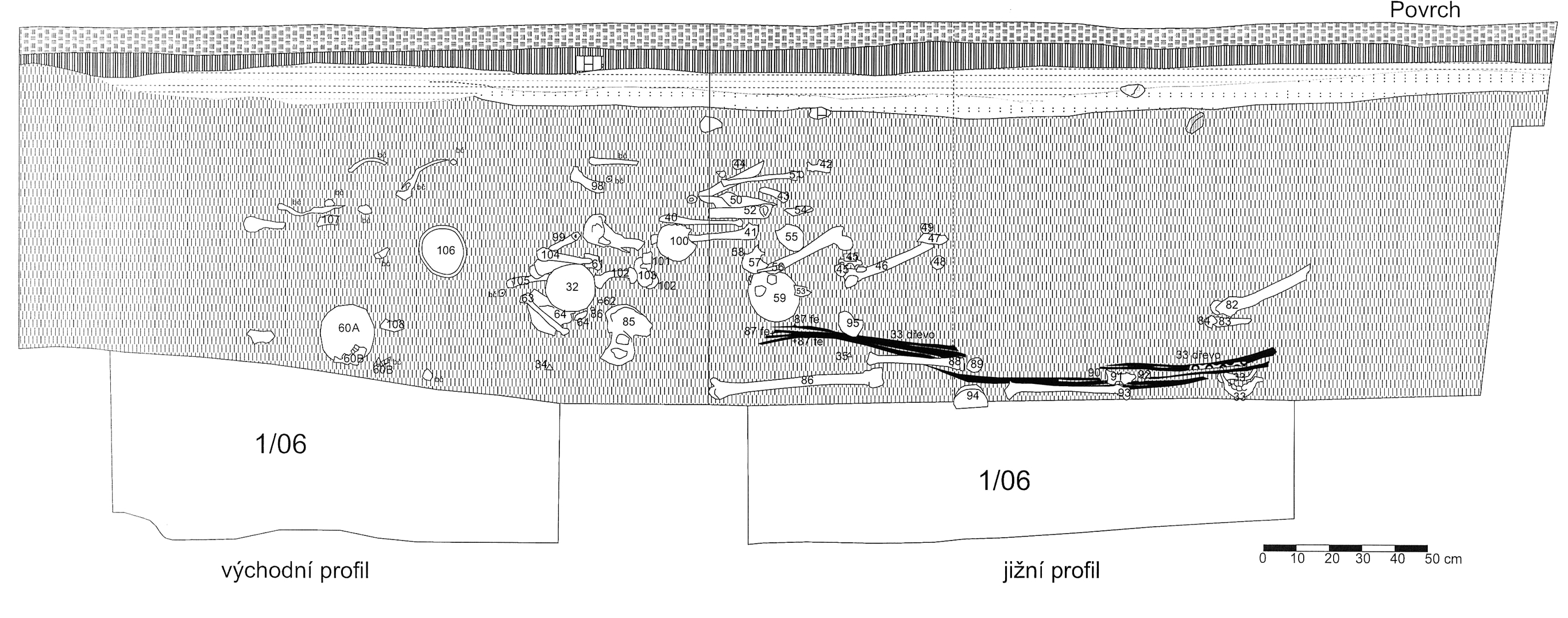 v hloubce 120 přes 160 cm (obr. 5 a 6). Nejníže ležící hroby byly částečně zahloubeny do zvětralé pískovcové skály (obr. 7).