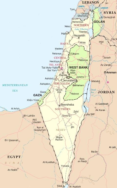 Příloha č. 4 Obrázek 5, Mapa dnešního Izraele a Palestinských území.