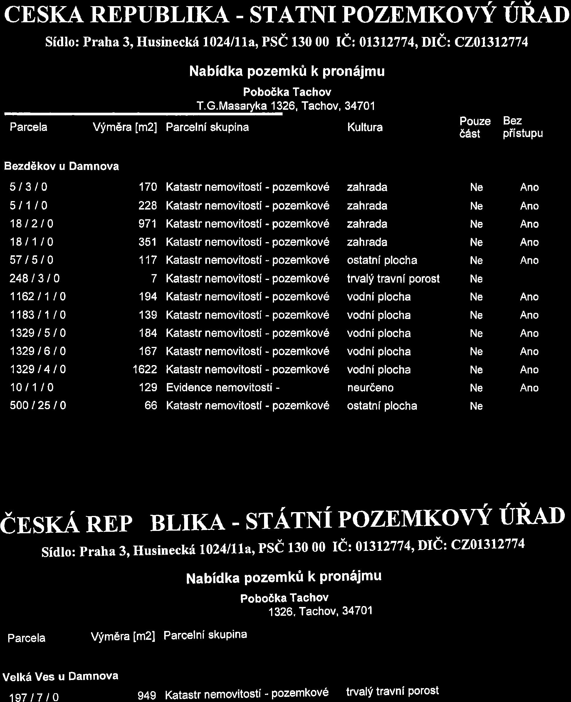 CESKA REPUBLII(A. STATNI POZEMKOVY URAD Sidlo: Praha 3, Husineck ld}4tlla,pse 130 00 Id: 01312774,DId: C201312774 Nabidka pozemkfi k pron6jmu T.G.