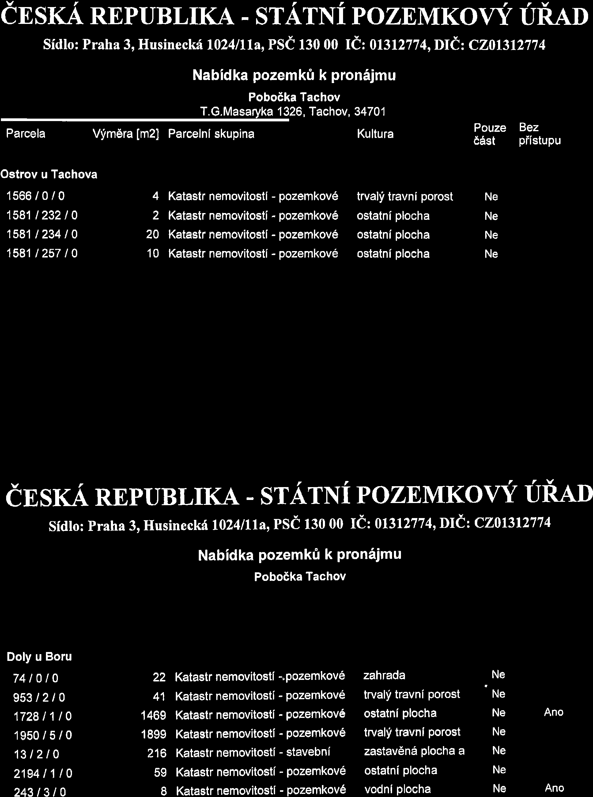 insra REpUBLTKA - srarlfi po zun'atkow unau Sicllo: Praha 3o Husineck6 LL24tlh,pSC ffo OO fd: 01312774,Ut: C20L312774 Nabidka pozemkt k pronajmu PoboEka Tachov T.G.