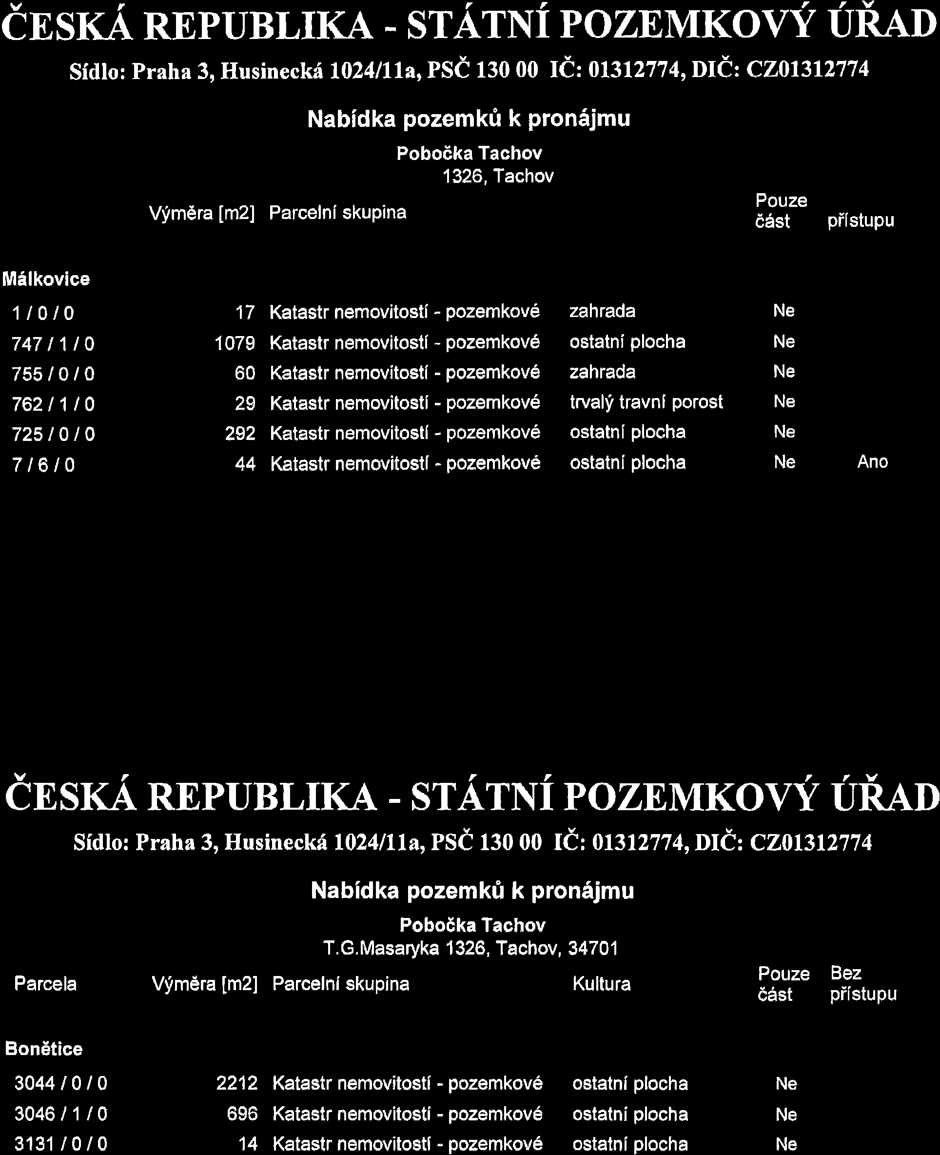 cesxa REpUBLIKA - srarxi pozemkovti URAD Sidlo: Praha 3n Husineckf l}24tlh,pst fgo OO ti: 0l3l2774,Dld: C20f 312774 Vfmdra Im2] Parcelni skupina Nabidka pozemkri k pron5jmu Pobo6ka Tachov 1326,