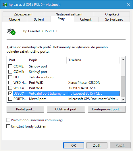 3. Otevřete záložku Porty a vyberte USB0xx (Virtuální port tiskárny pro USB) podle (obr. 10). OBRÁZEK 10. Nastavení vlastností tiskárny ve Windows 10. 5.