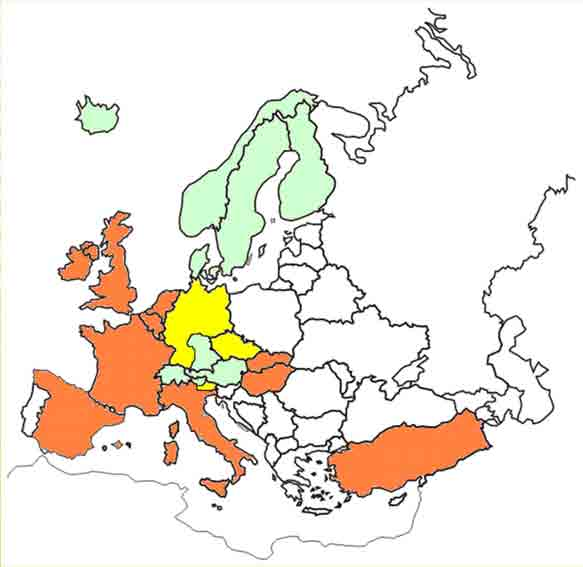 NÁKAZOVÁ SITUACE V EVROPĚ Legenda: zeleně státy(regiony) prosté IBR žlutě státy (regiony) se schváleným