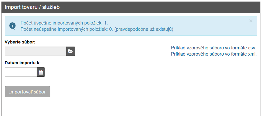 Strana 63 / 84 Obrázok 63: Import tovaru a služieb Po kliknutí na tlačidlo Importovať súbor sa podnikateľovi zobrazí hláška o úspešnosti nahratia súboru.