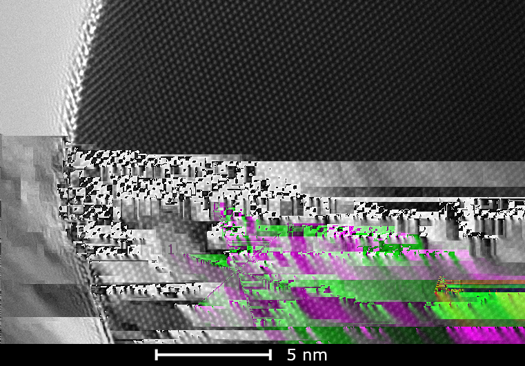 3.5. TŘETÍ GERMANIOVÉ NANOVLÁKNO (TEM, DIFRAKCE) Obrázek 3.17: Světlé atomární sloupce zlata na tmavém pozadí získané z krajní části zlaté nanočástice vyznačené na obrázku 3.16 oblastí 1.