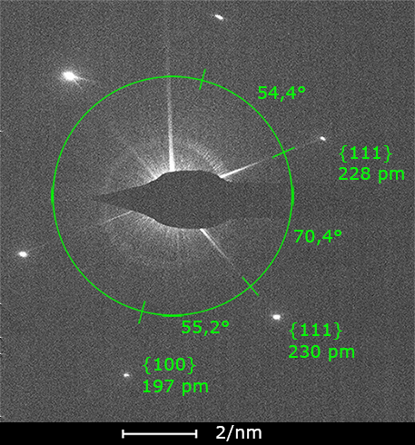 3.5. TŘETÍ GERMANIOVÉ NANOVLÁKNO (TEM, DIFRAKCE) v tomto případě a difrakce byla provedena pouze z nejkrajnější zlaté části podobné na obrázku 3.17. Výsledný difrakční obrazec je vidět na obrázku 3.