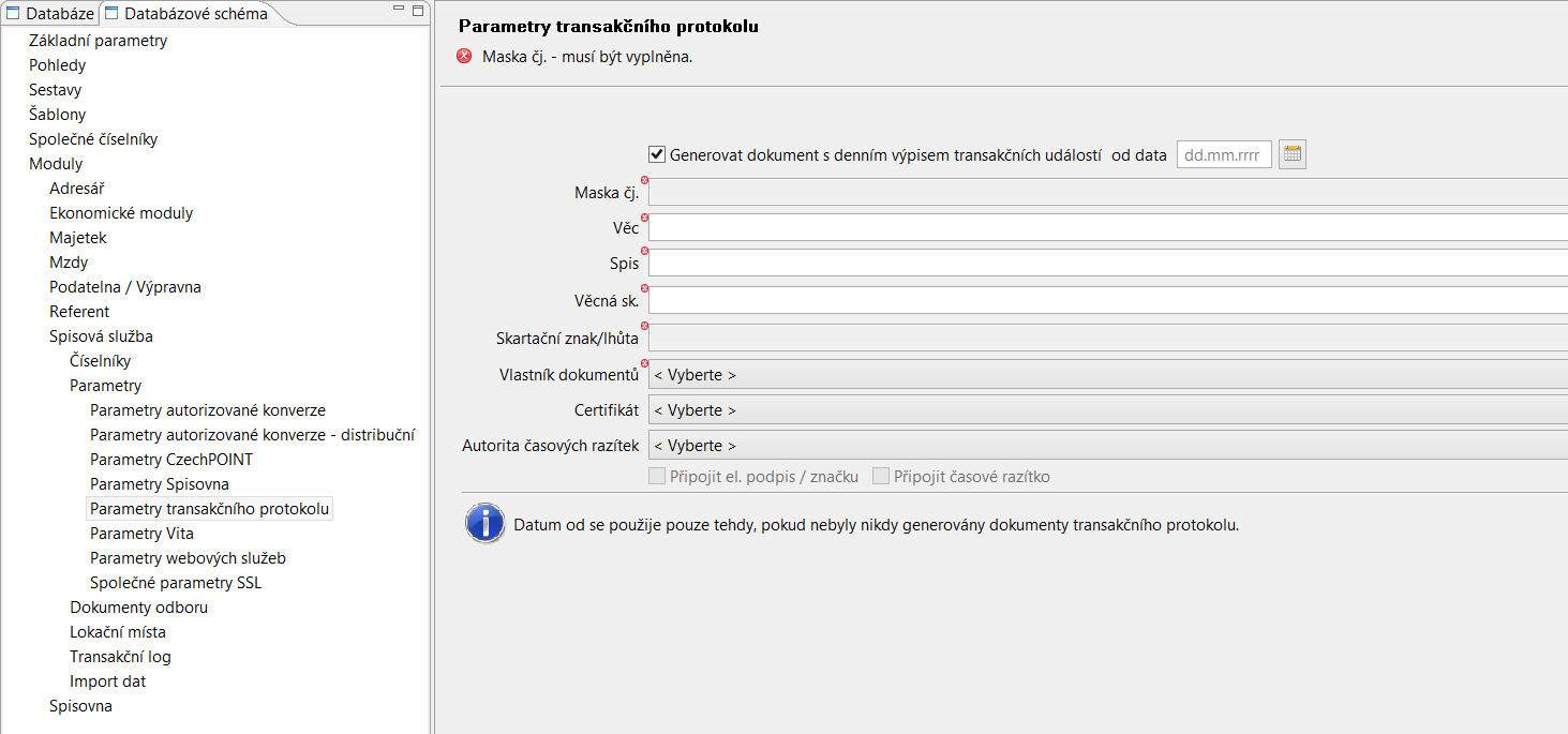 Parametry transakčního protokolu Dle zadaných parametrů lze vytvářet každý den dokument, ve kterém je příloha obsahující všechny transakce, které se s