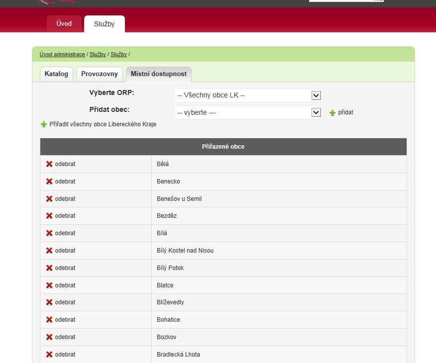 Záložka Místní dostupnost (DŮLEŽITÉ pro katalog i plánování) Poskytovatel je oprávněn editovat výběr obcí, v rámci kterých konkrétně poskytuje službu.