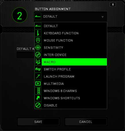 Nabídka Button Assignment (Přiřazení funkcí tlačítkům) Ve výchozím nastavení jsou všechna tlačítka myši nastavena na možnost DEFAULT (Původní funkce.