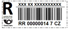xxx xx = PSČ podací pošty xxxxxxxxxx = název podací pošty RR = prefix (předpona) pro doporučenou zásilku 00000014 = pořadové číslo (rozsah od 1 do 99 999 9999) CZ = suffix (přípona) 7 = kontrolní