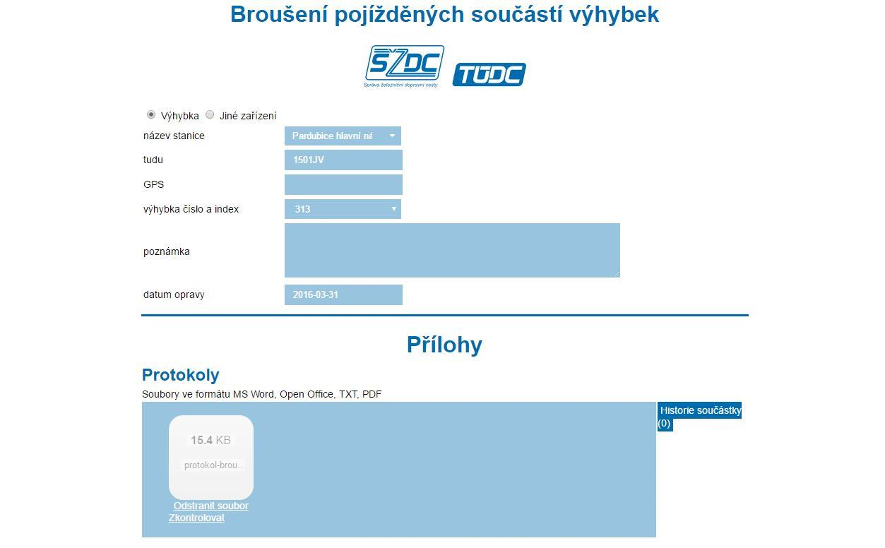 Doklady o rozsahu a kvalitě broušení Úvodní obrazovka z internetové aplikace pro vkládání