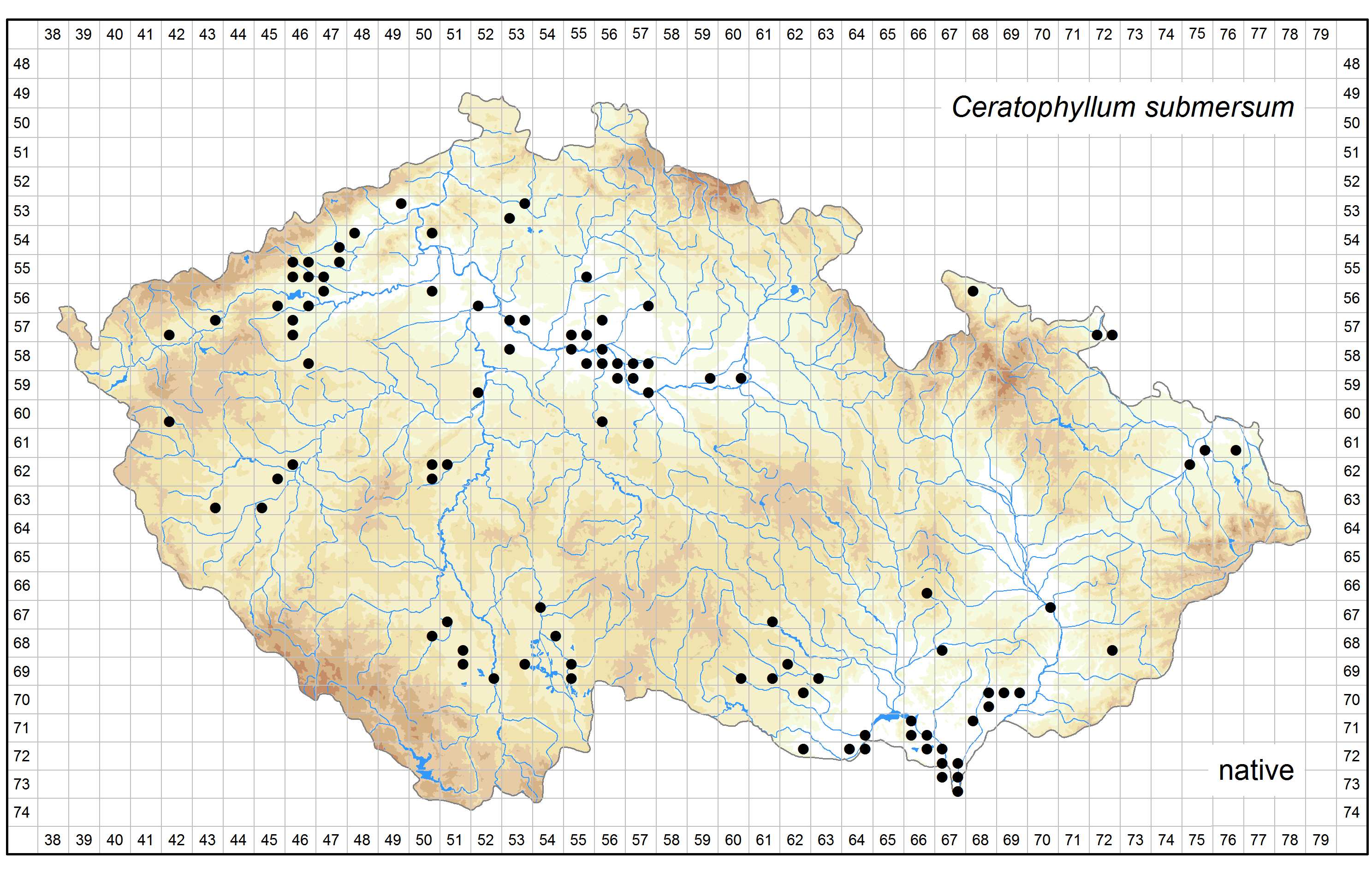 Distribution of Ceratophyllum submersum in the Czech Republic Author of the map: Zdeněk Kaplan, Jan Prančl Map produced on: 07-11-2016 Database records used for producing the distribution map of