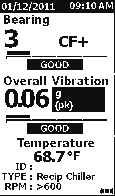 Vibration Meter Měření Měření Měřicí přístroj měří stav ložisek a celkové vibrace stroje. Jsou k dispozici tři typy měření: vibrace ložisek, celkové vibrace a teplota.