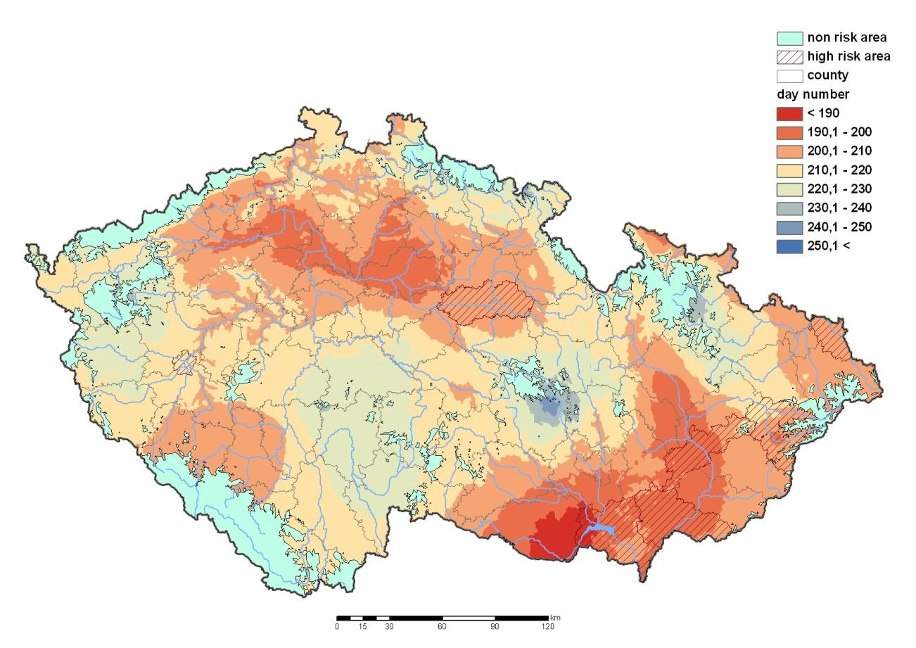 Mapa rizikových oblastí (Obr. 20) byla vytvořena na základě dat využitých z ČSÚ o pěstitelských plochách kukuřice v ČR.