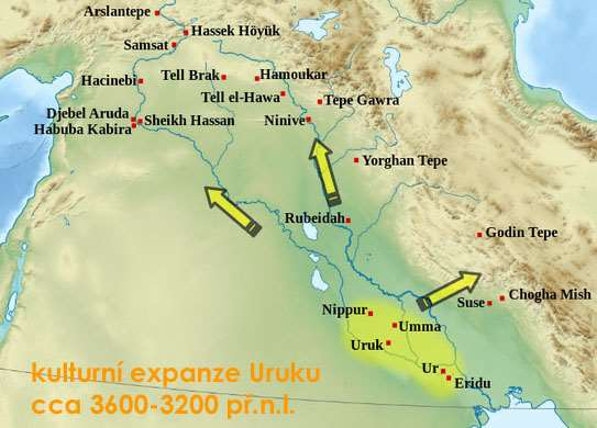 1a: Uruk starověké ekonomické centrum založeno cca 3800 př.n.l., území 20 ha centrum urbanizace Mezopotámie v letech 3300-3000 př.