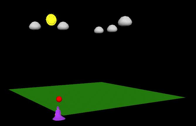 b) Baltík dojde pod mrak. Nad jeho hlavou ve výšce 2m se objeví kulička červené barvy o poloměru 0,3 m a 2s čeká obr. 2 4. Pak se rychlostí 1m/s rozjede směrem vzhůru.
