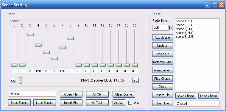 5. Vytvoření scény či chase K vytváření scén či chase slouží dialogové okno Scene Setting které se nachází v menu Windows v položce Scene Setting.