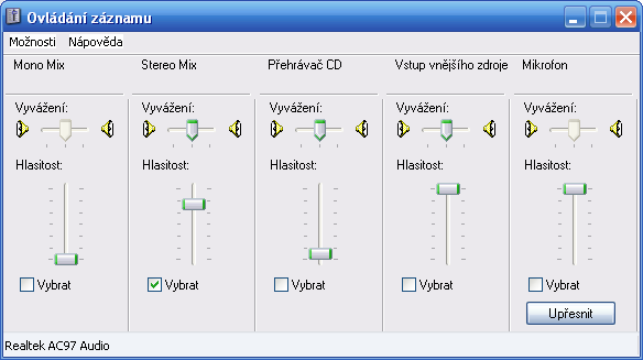 Vstup vnějšího zdroje (Line In) - analýzu lze provádět ze vstupní linky zvukové karty Stereo Mix, Mono Mix, Wave - program provádí analýzu hudby, která je přehrávaná libovolným programem na PC Vstupy