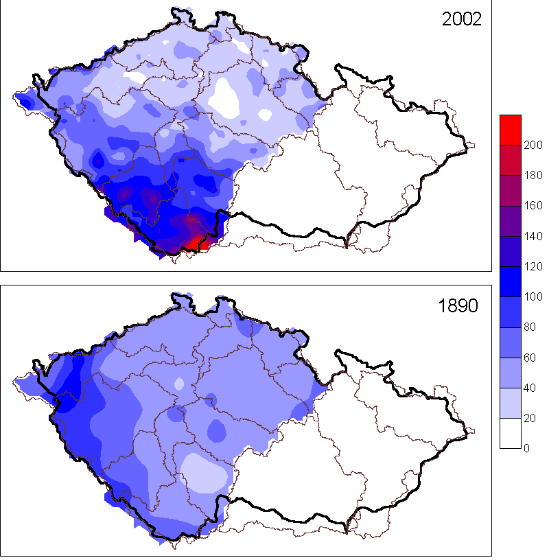 Obr. 8.4 Hodnoty API [mm] na území Čech pro případy povodní v povodí Vltavy v roce 2002 (ke dni 11. 8.) 