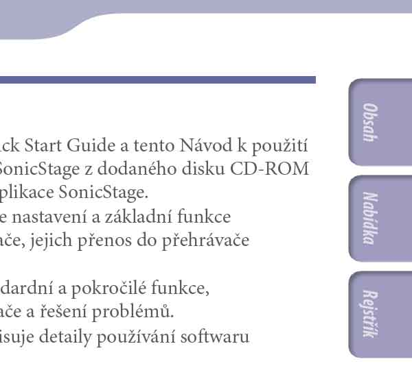 O příručkách S přehrávačem je dodáván průvodce Quick Start Guide a tento Návod k použití ve formátu PDF.